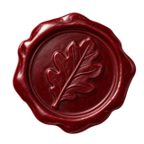 A red wax seal pressed with an oak leaf.